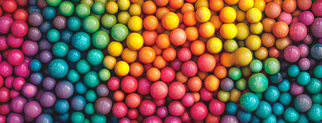 A close-up view of colorful balls arranged in a rainbow pattern