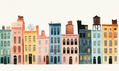 Fototapeta premium Vibrant Urban Streetscape: A Colorful Illustration of Tall City Buildings