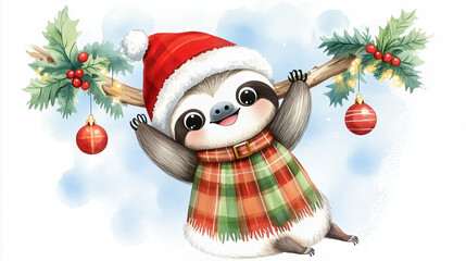 Naklejka premium Sloth wearing Christmas hat and plaid sweater hanging on branches with holiday decorations