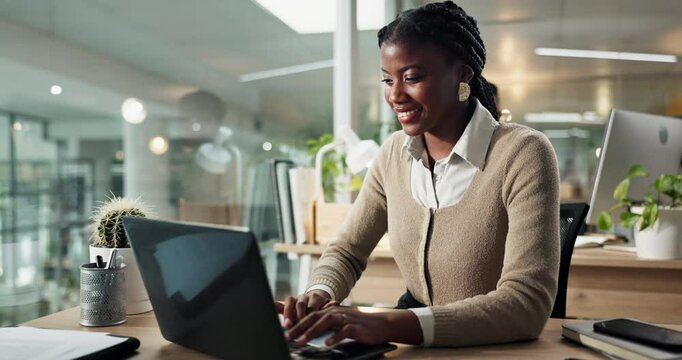 Night, laptop and typing with business woman for policy, finance regulations and compliance officer. Corporate, technology and communication with person at insurance company for risk management