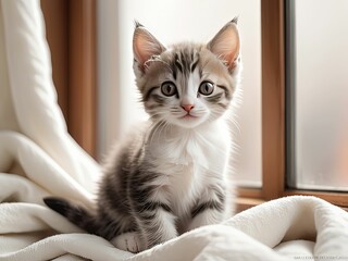 A cute kitten sitting by a window on a cozy blanket.