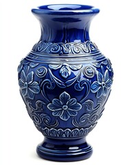 Handcrafted ceramic vase with blue glazed patterns, matte finish, textural details, pure white background, studio lighting, product photography