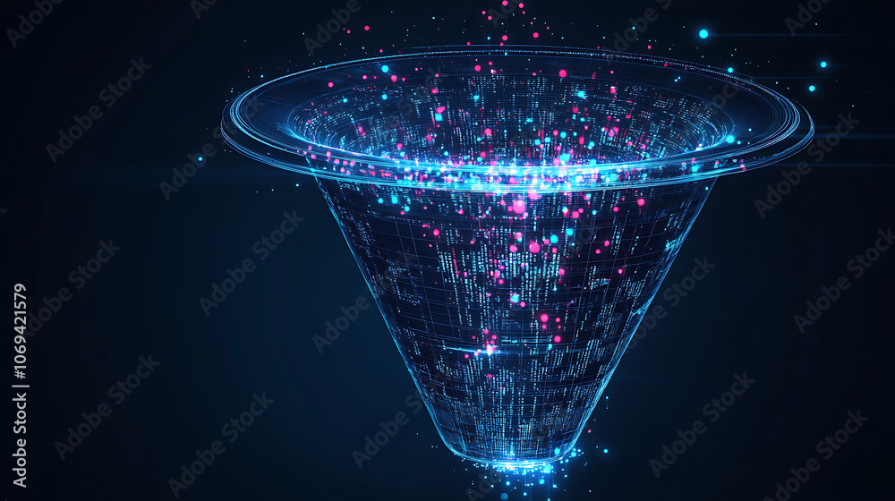 Poster Big data technology and information funnel concept, Large digital funnel with online data as process of data collection, analysis, and transformation into useful information, Modern, digital style