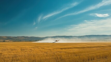 Aerial water spraying over dry field during summer for agricultural relief