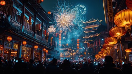 Obraz premium Night celebration with fireworks lighting the sky during festive event