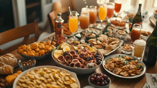 Super bowl party table with delicious snacks and beverages for festive celebration