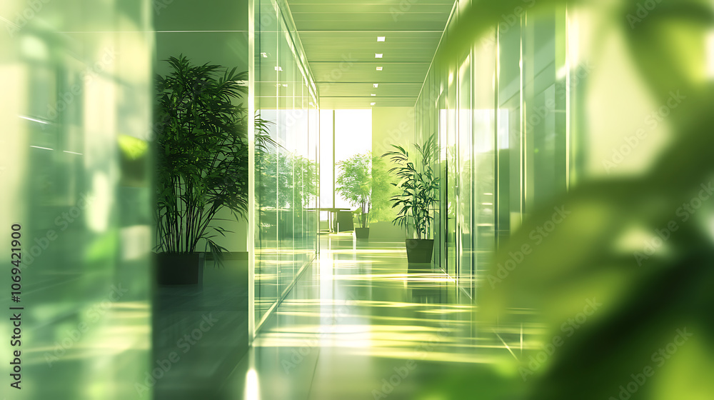 Leinwandbilder concept of a green office space, captured with a blurred effect to highlight the serene and peaceful