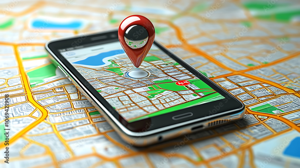 Leinwandbilder Concept of geofencing, featuring a digital map with virtual boundaries, a location pin, and a mobile device showcasing a geofencing app