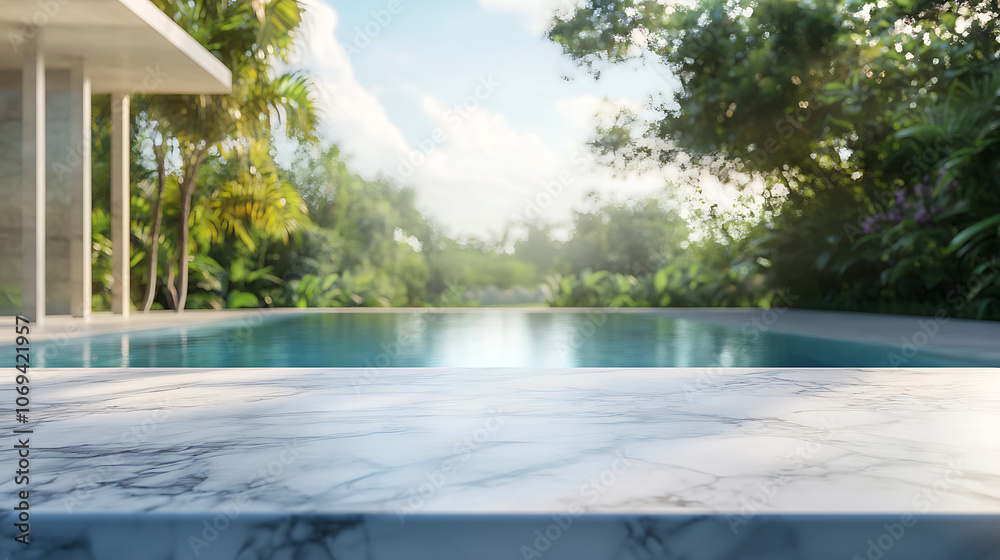 Poster empty marble table in front with blurred background of swimming pool
