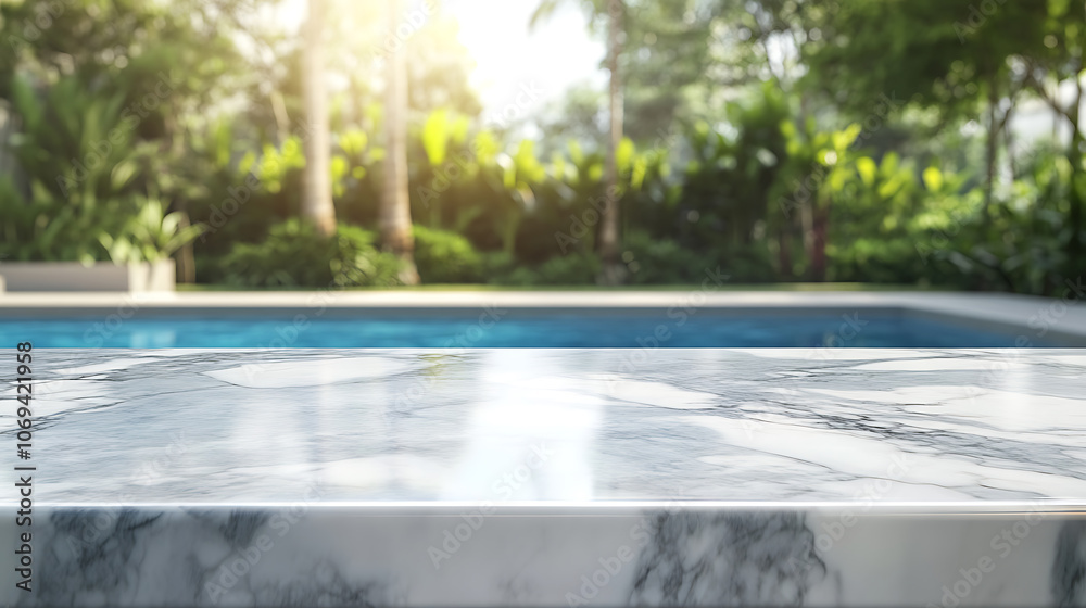 Poster Empty marble table in front with blurred background of swimming pool