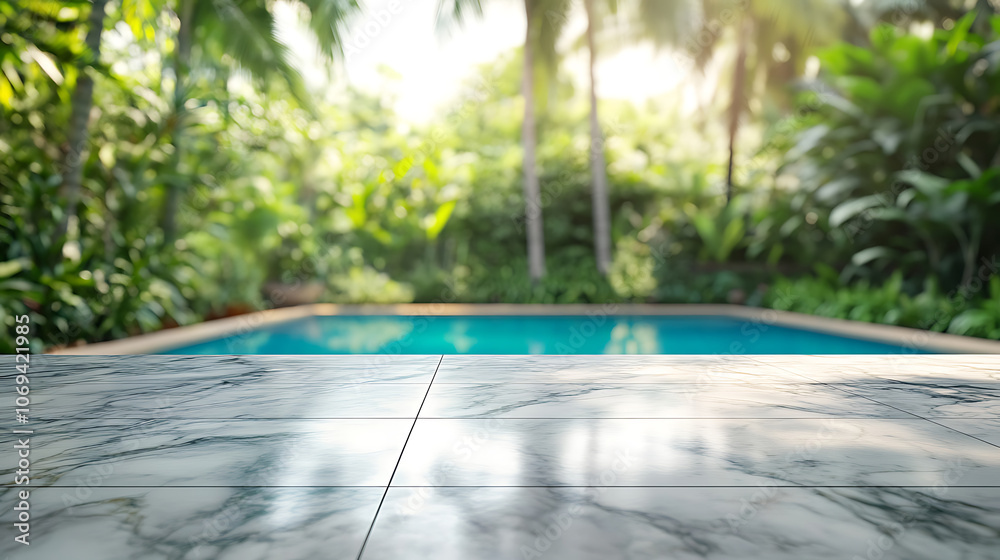 Poster Empty marble table in front with blurred background of swimming pool