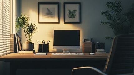 Fototapeta premium Modern minimalist office desk with stylish decor and greenery for a productive workspace