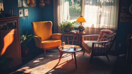 Retro living room with 70s inspired decor and vintage accents in warm sunlight