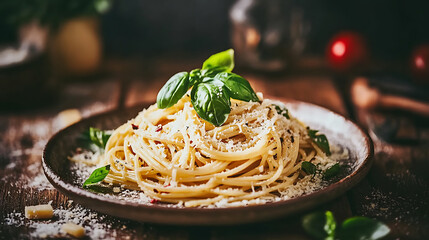 Heaped plate of delicious Italian spaghetti pasta with fresh basil leaves and grated parmesan cheese viewed low angle from the side on a rustic wood table