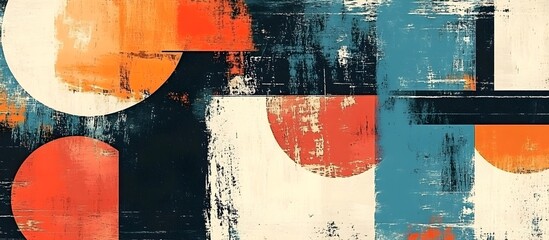 Naklejka premium A vibrant abstract composition of overlapping geometric shapes, including circles, rectangles, and triangles, in a balanced mix of different tones.