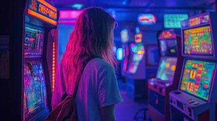 Naklejka premium Nostalgic arcade adventure in vibrant neon pixel art style