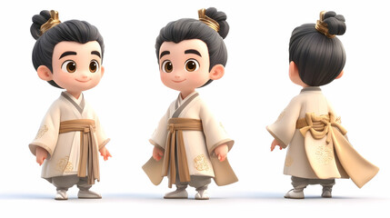 Naklejka premium 3D rendering of a cute cartoon boy in traditional Chinese clothing, viewed from three different angles.