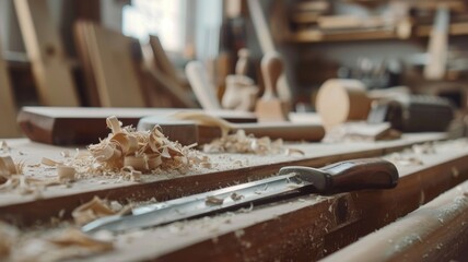 Woodworking tools in artisan workshop: craftsmanship and creativity in action