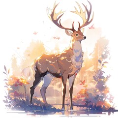 cute stylish illustration majestic deer with antlers in forest on white background