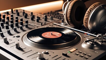 A DJ setup featuring a turntable and headphones for music mixing.