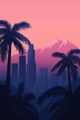 Vibrant Urban Skyline at Sunset with Majestic Mountain and Palm Trees