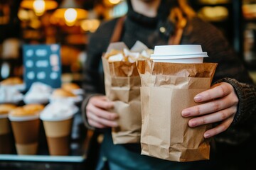 Waitress serving coffee in paper cup and takeaway food to customer in a cozy shop setting