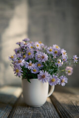 bouquet of blue daisies, small petals. autumn flowers, household, vintage