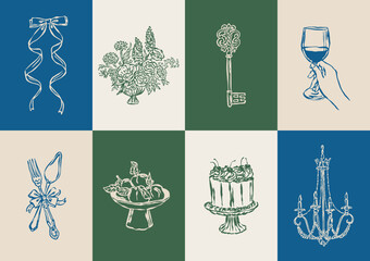 Minimalist Dolce Vita vector illustration collection. Art for greeting cards, wedding invitations, poster design, postcards, branding, logo design, background. Matisse style doodles.