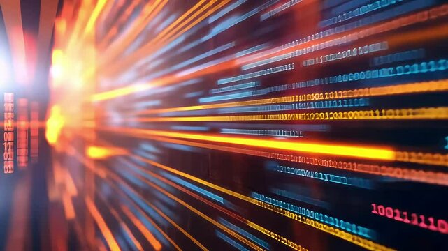 A vibrant abstract representation of digital data, showcasing streams of binary code in various colors, symbolizing technology and information flow.