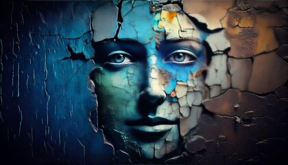 A weathered wall revealing a hidden face among the cracks. Technology and ecology concept.