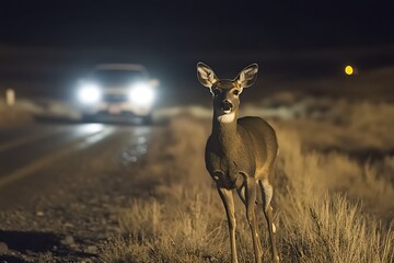 A deer stands alert in the headlights of a car on a dark road.