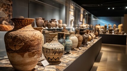 Naklejka premium Rare antique vases on display in the museum. Ai Generative