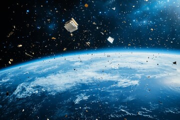 Fototapeta premium Space debris orbiting earth highlighting the increasing challenge of space pollution