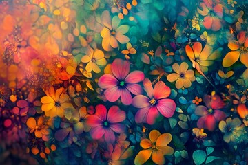 Psychedelic floral pattern background featuring bright colors and intricate designs