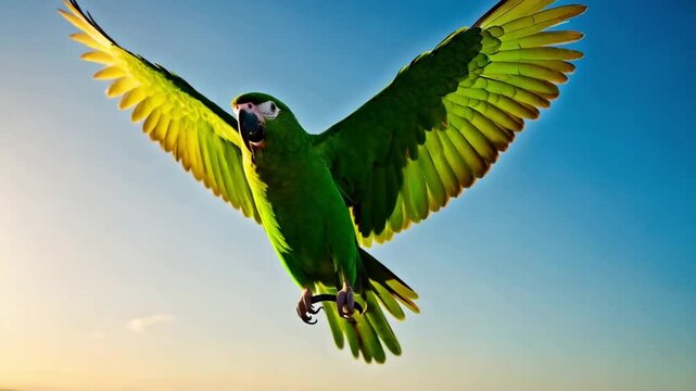 A green parrot is flying in the air with its wings spread wide. The image has a bright and cheerful mood, with the parrot's vibrant green color and the sunlight shining on it