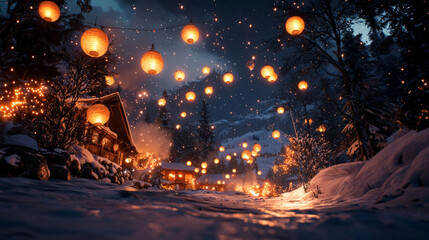 Obraz premium low angle shot of snow covered village street illuminated by glowing lanterns, creating magical winter atmosphere. scene captures beauty of winter nights
