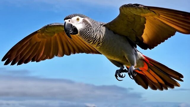 A grey parrot is flying in the air. The bird has a black and white head and is looking down