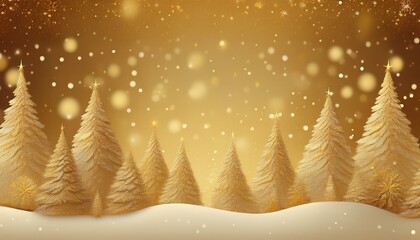 gold christmas background with snow covered trees
