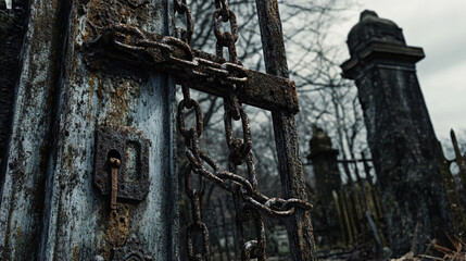 A weathered graveyard gate with rusty chains and a broken lock.