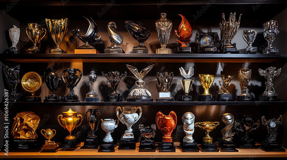 Poster a collection of trophies lined up on a shelf, each showcasing the unique design and style of awards 