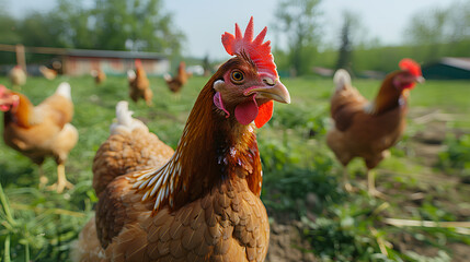 Obraz premium Chicken with a red beak stands in a field with other chickens. Concept of peacefulness and simplicity, as the chickens are free to roam and interact with each other in their natural environment