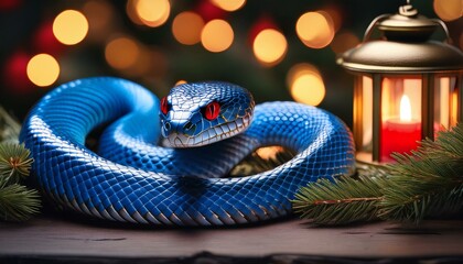 Fototapeta premium a striking blue snake with red eyes is coiled elegantly among festive christmas decorations the scene features shiny baubles and a warm toned lantern set against a backdrop of pine branches