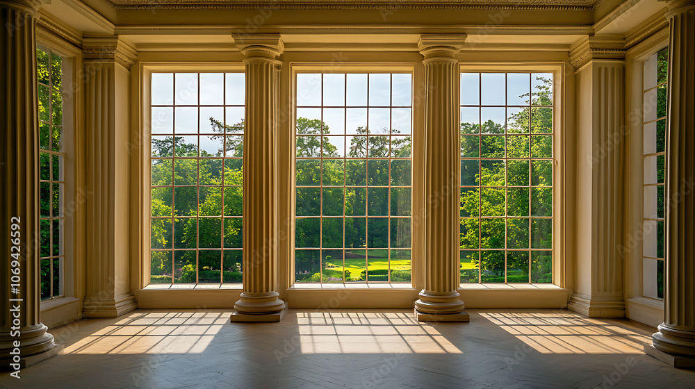 Aufkleber a room with columns and a large window