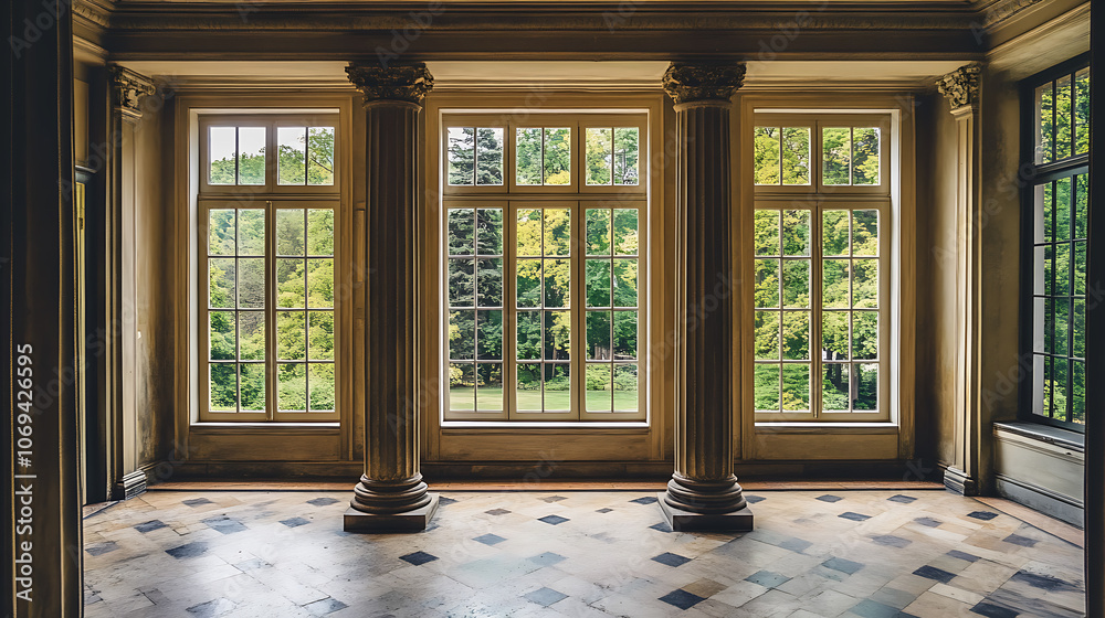 Poster A room with columns and a large window