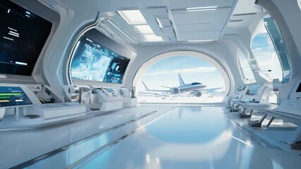 A futuristic control room is designed with a stunning airplane view - Powered by Adobe