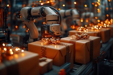 Robotic arms wrapping Christmas gifts on a production line.