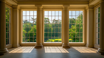 A room with columns and a large window