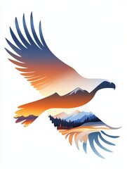 Obraz premium Majestic Eagle Silhouette Featuring Scenic Mountain Landscape and Sunset