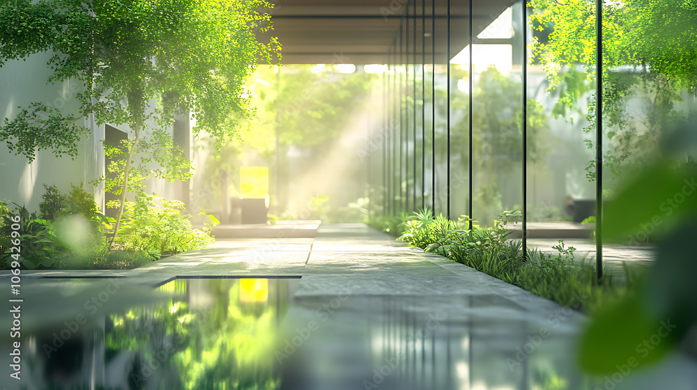 Poster concept of a green office space, captured with a blurred effect to highlight the serene and peaceful