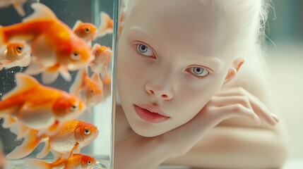 Medium closeup conceptual portrait of young woman with albinism posing for camera at table with mirror on it, watching pet goldfish swimming in small aquarium